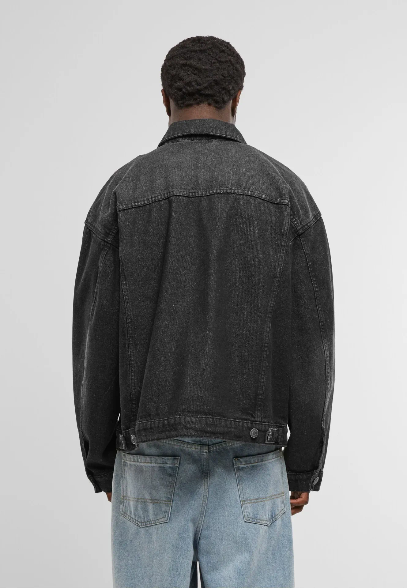 BYB-BY312-heavy-ounce-boxy-denim-jacket-black-model-2 Build Your Brand Heavy Ounce Boxy Denim Jacket