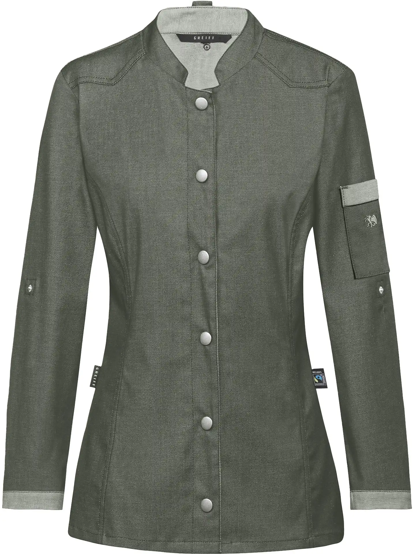 greiff-5415-damen-kochjacke-biker-rf_6910_denim-gruen-front-2 GREIFF Damen Kochjacke im Bikerstyle Regular Fit